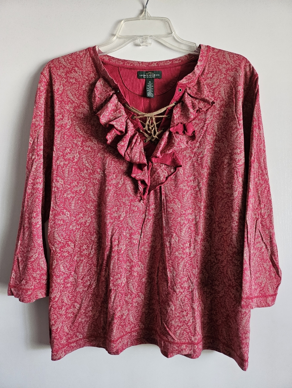 Lauren Jeans Co vintage Y2k red tan lace up ruffle 3/4 sleeve top women's Xlarge